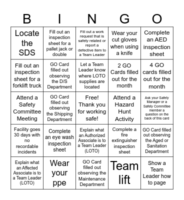 Safety Bingo 1st Quarter Bingo Card