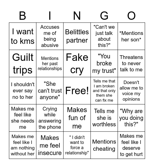 Zuice's abusive relationship bingo card Bingo Card