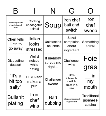 Iron Chef Bingo Card