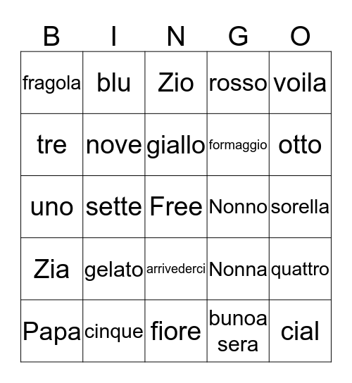 Italian Bingo Card