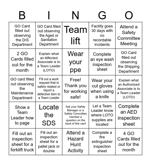 Safety Bingo 1st Quarter Bingo Card