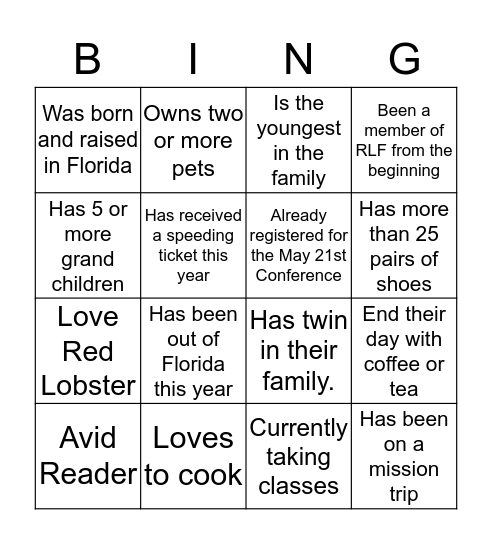 Who do you know?  Bingo Card