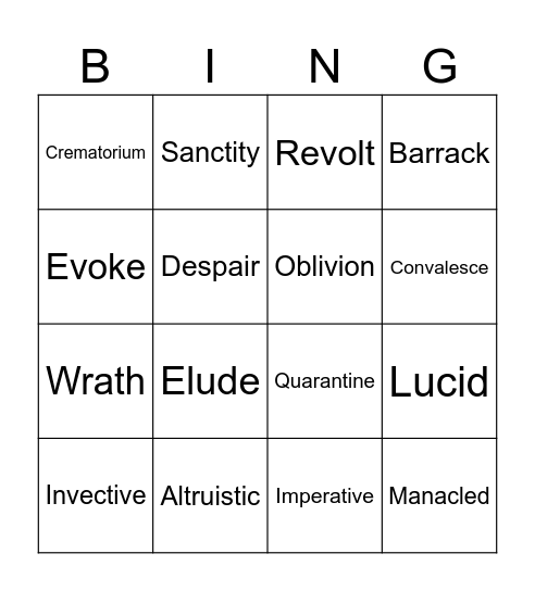 Vocabulary Bing Bingo Card