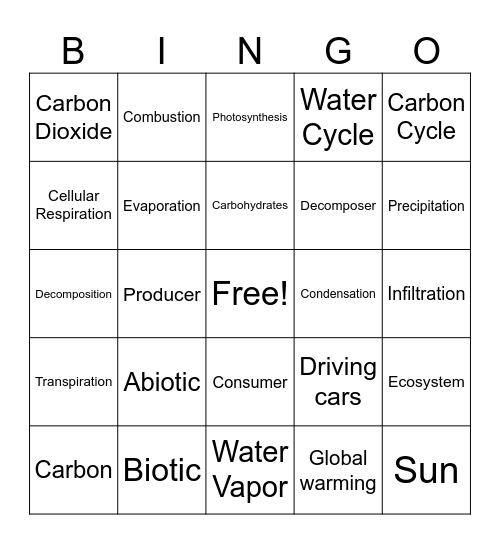 Water Cycle and Carbon Cycle Review Bingo Card