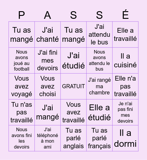 Passé Composé w/avoir Bingo Card