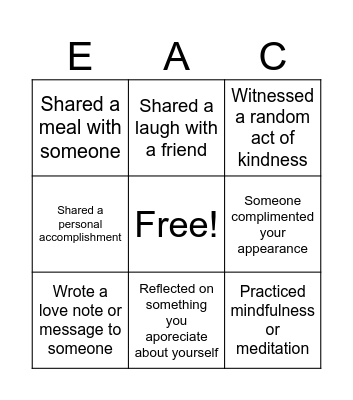 In The Past Week Bingo Card