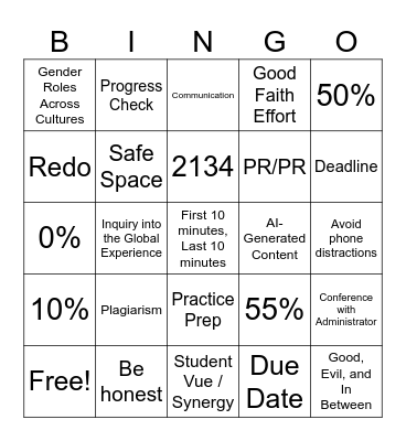 English 12B Syllabus Review Bingo Card