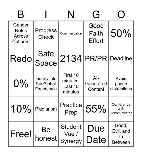 English 12B Syllabus Review Bingo Card