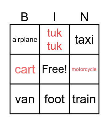 Transportation Bingo Card