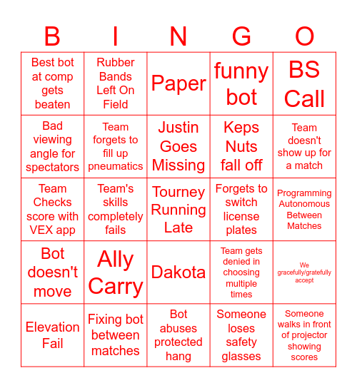 VEX V5 Tournament Bingo Card