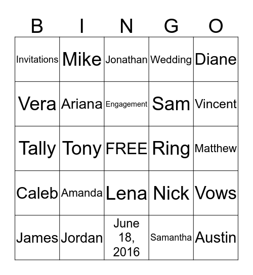 Sam and Christina's Wedding Bingo Card