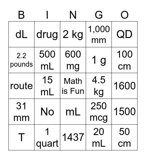 Conversions & Calculations Bingo Card