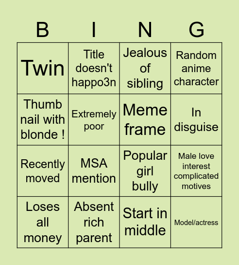 MSA (previously my story animated) Bingo Card