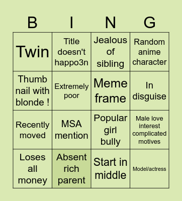 MSA (previously my story animated) Bingo Card