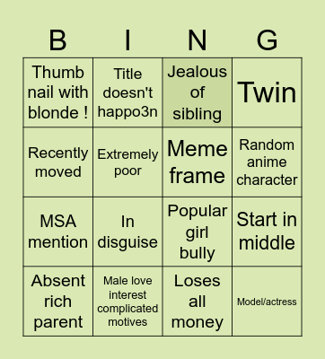 MSA (previously my story animated) Bingo Card