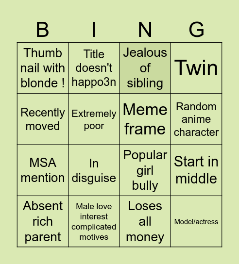 MSA (previously my story animated) Bingo Card