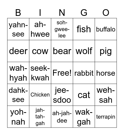 Animals Bingo Card