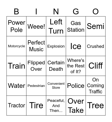 Car Crash Bingo Card