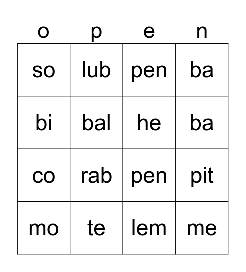 Open/Closed Syllables Bingo Card