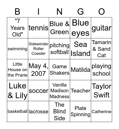 All About Maddie  Bingo Card