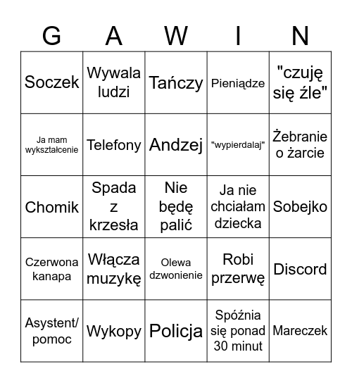 Gawin mix Bingo Card