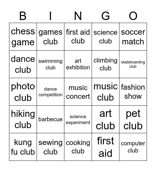 Clubs Bingo Card