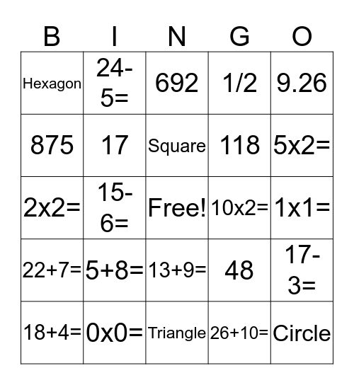 Math Bingo Card