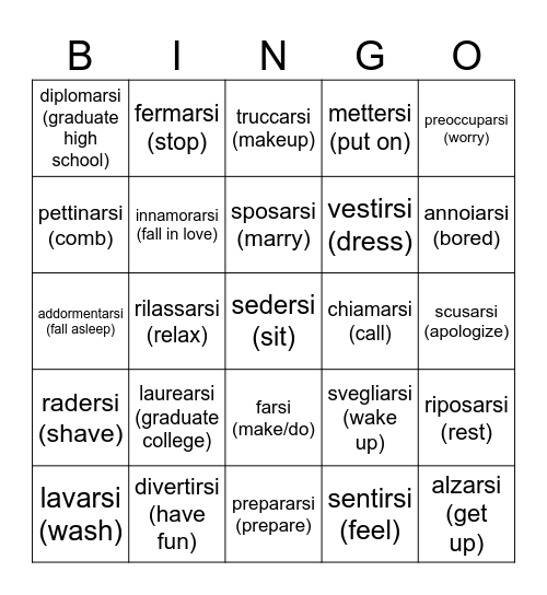 REFLEXIVE VERBS Bingo Card