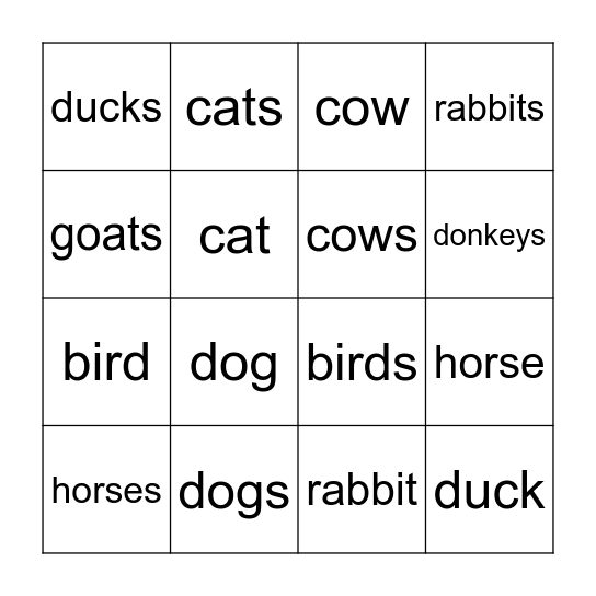 Animals Bingo Card