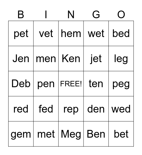 Short E Words Bingo Card