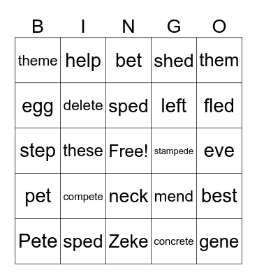 Long e Bingo Card