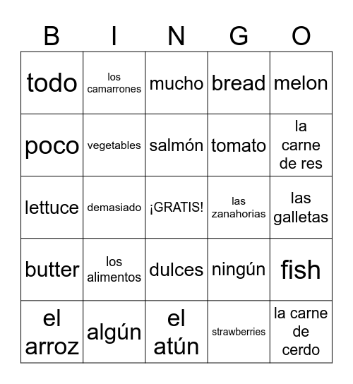 Unidad 4: Desafío 1 - Los alimentos Bingo Card