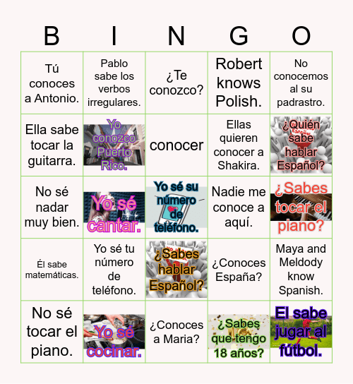 Saber/Conocer phrases Bingo Card