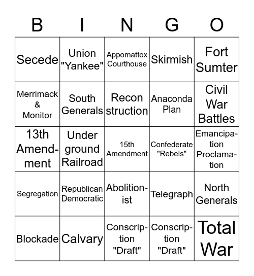 CIVIL WAR Bingo Card