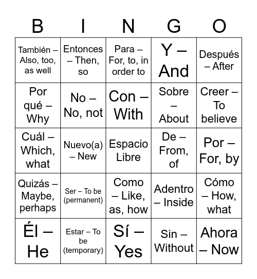 Las palabras de alta frecuencia Español Dos PARTE UNO Bingo Card