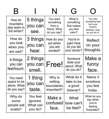 Social Emotional Bingo Card