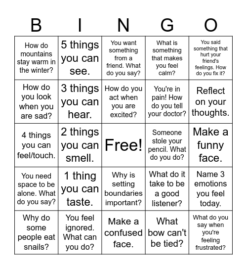 Social Emotional Bingo Card