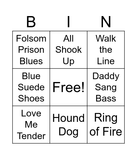 Elvis & Johnny Cash Bingo Card