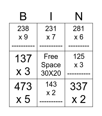 Mental Math Bingo Card