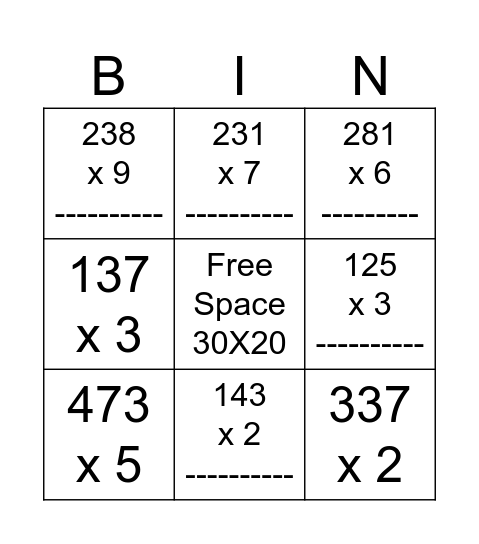 Mental Math Bingo Card