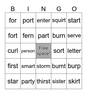 R-controlled Vowel Words Bingo Card
