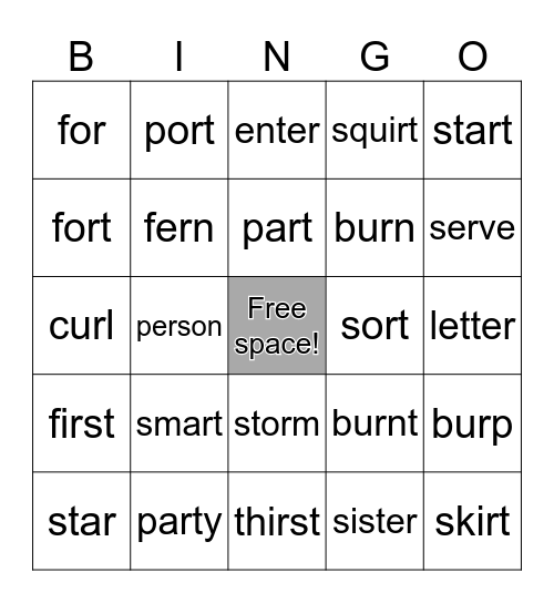 R-controlled Vowel Words Bingo Card