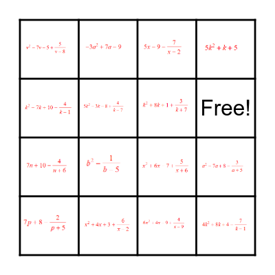 Synthetic Division Bingo! Bingo Card