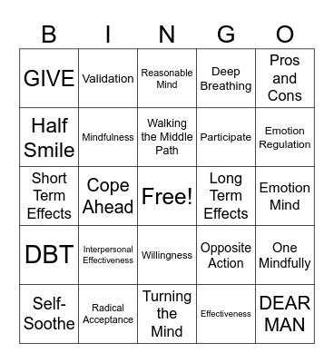 DBT Bingo! Bingo Card
