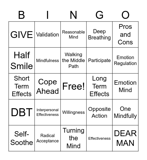 DBT Bingo! Bingo Card