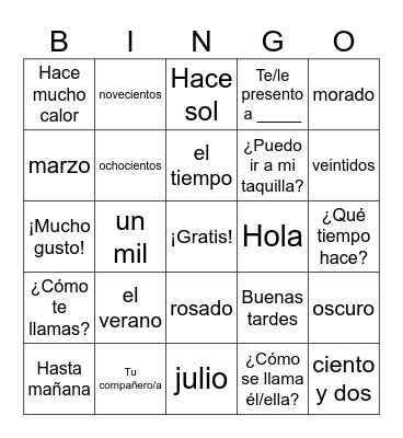 Introducción a Español Unidad Bingo Card