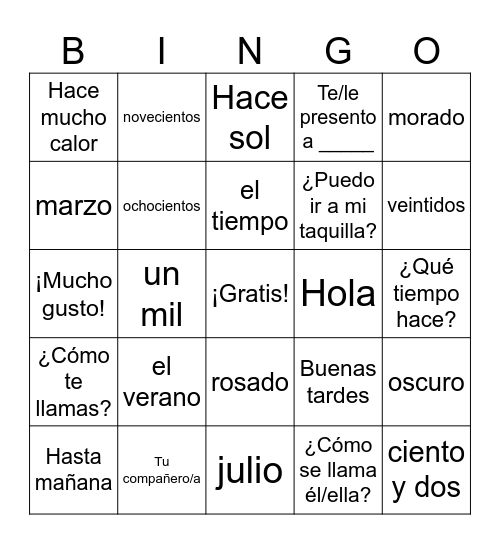 Introducción a Español Unidad Bingo Card