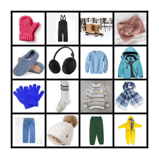 Winter Clothing Bingo Card