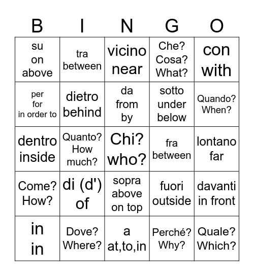 Ita 1: Prepositions/Question Words Bingo Card