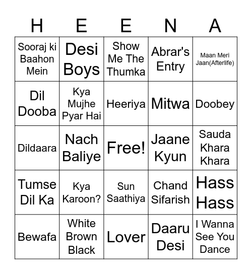 BOLLYWOOD BINGO Card